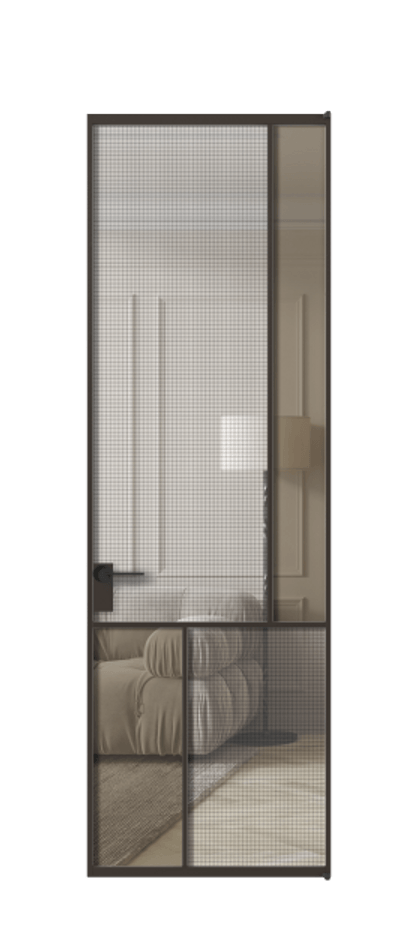 Межкомнатная дверь Mosaic АЛПЛ041.21 Алюминий антрацит Декоративное стекло с сеткой "Mesh silver", триплекс, 6 мм + Прозрачное бронзовое стекло, триплекс Цена 166090 ₽ | Volhovec