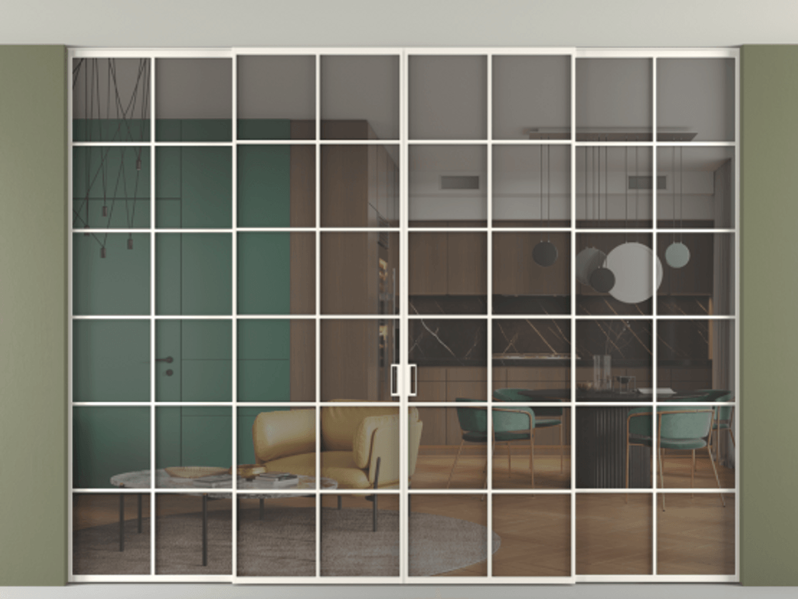 Перегородка Formato внутри проёма скрытое крепление в потолок 4 створки АЛПР 040.05 Алюминий пудровый белый Прозрачное серое стекло, триплекс Цена 466270 ₽ | Volhovec