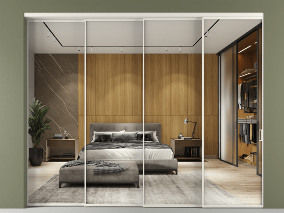 Перегородка Formato внутри проёма 4 створки с синхронным механизмом АЛПР 040.01 Алюминий Белый Двустороннее зеркало, триплекс , триплекс 6 мм Цена 478500 ₽ | Volhovec