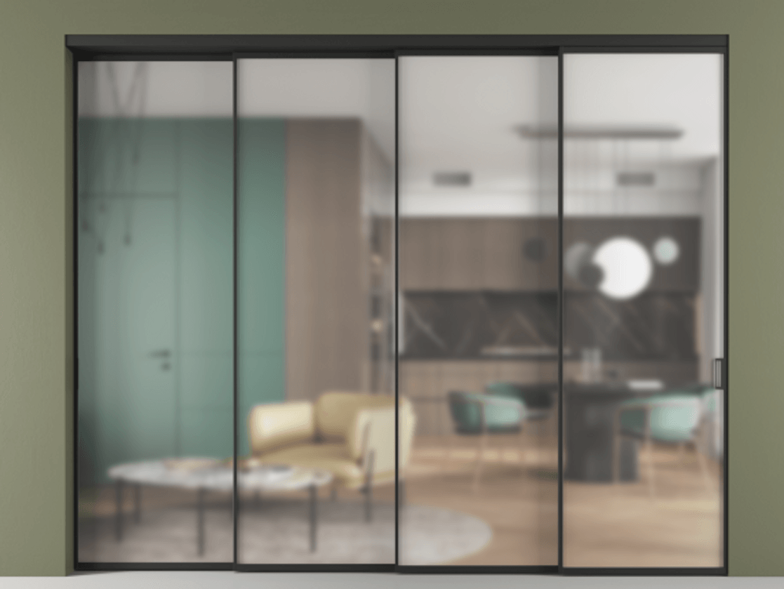 Перегородка Формато внутри проёма 4 створки с синхронным механизмом АЛПР 040.01 Алюминий Черный Сатинированное стекло "Мателюкс Кристал Вижн", калёное, матовое, каленое 6 мм Цена 510500 ₽ | Volhovec