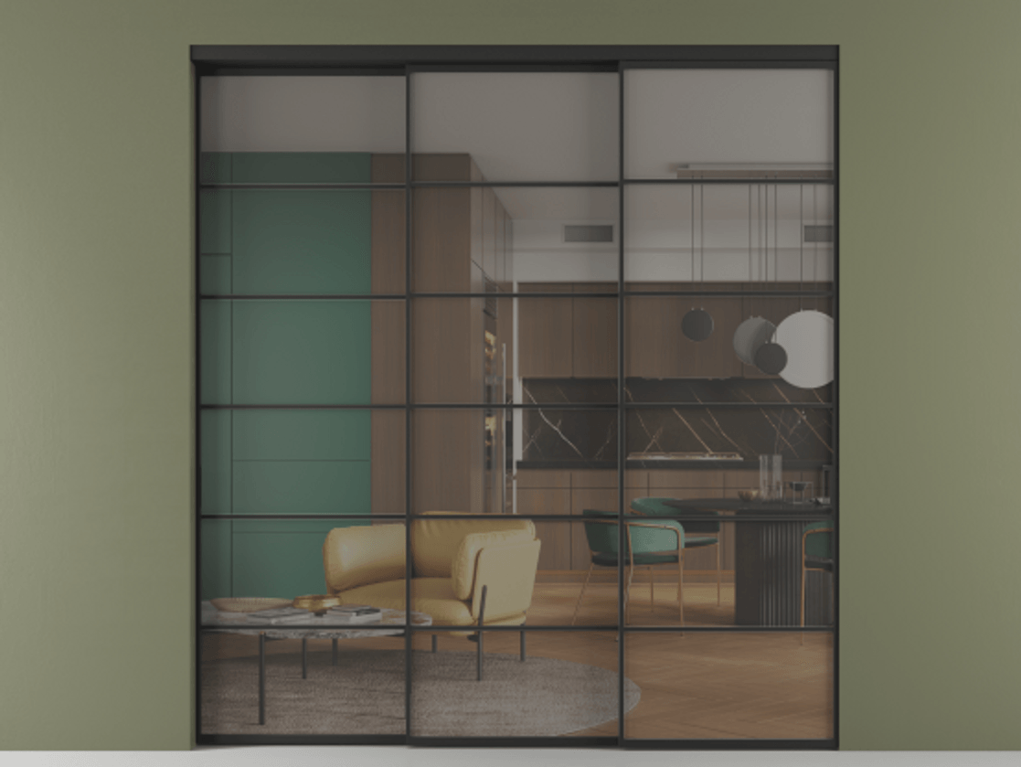 Перегородка Формато внутри проёма 3 створки с синхронным механизмом АЛПР 040.04 Алюминий Черный Прозрачное серое стекло, триплекс Цена 346360 ₽  | Volhovec