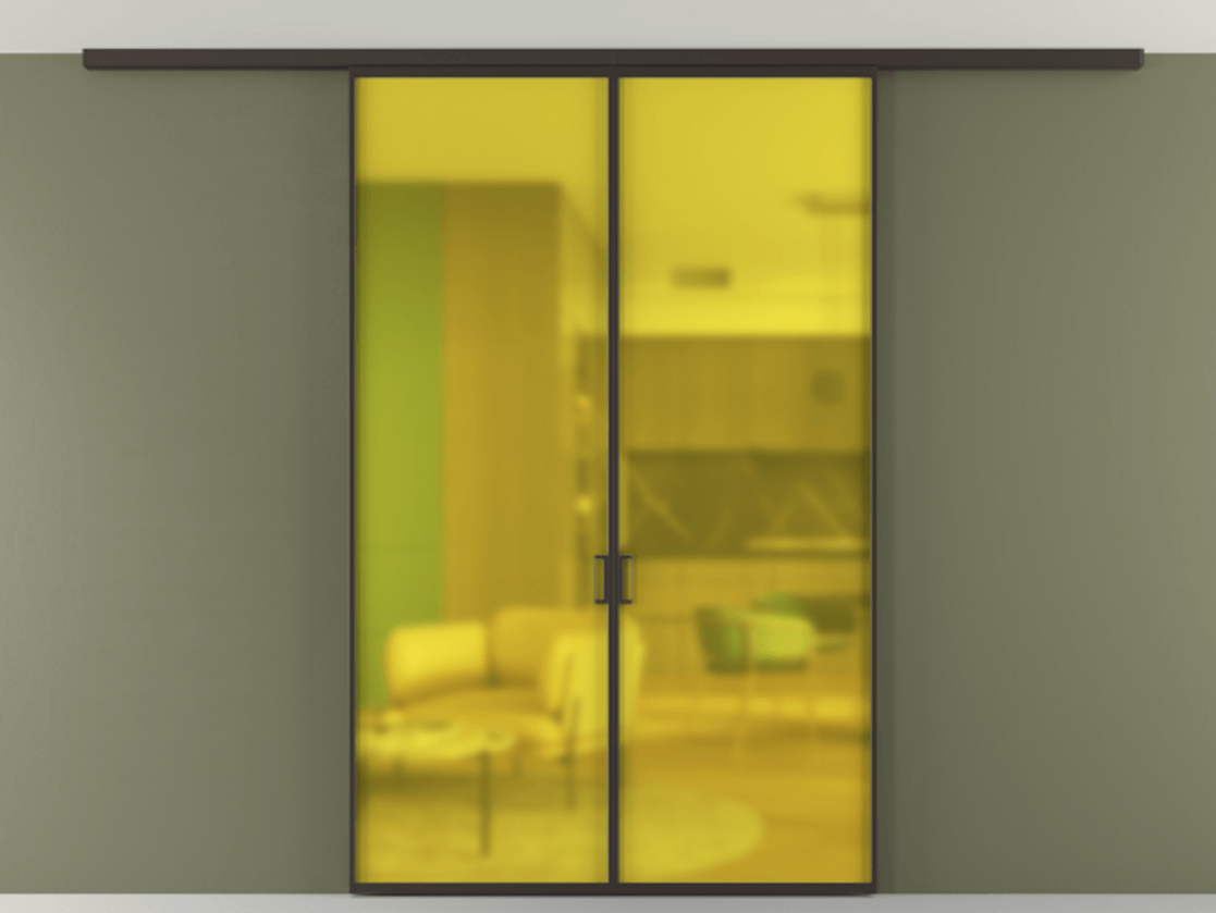 Перегородка Formato вдоль стены на потолок 2 створки АЛПР 040.01 Алюминий антрацит Сатинированное жёлтое стекло, триплекс Цена 185372 ₽ | Volhovec