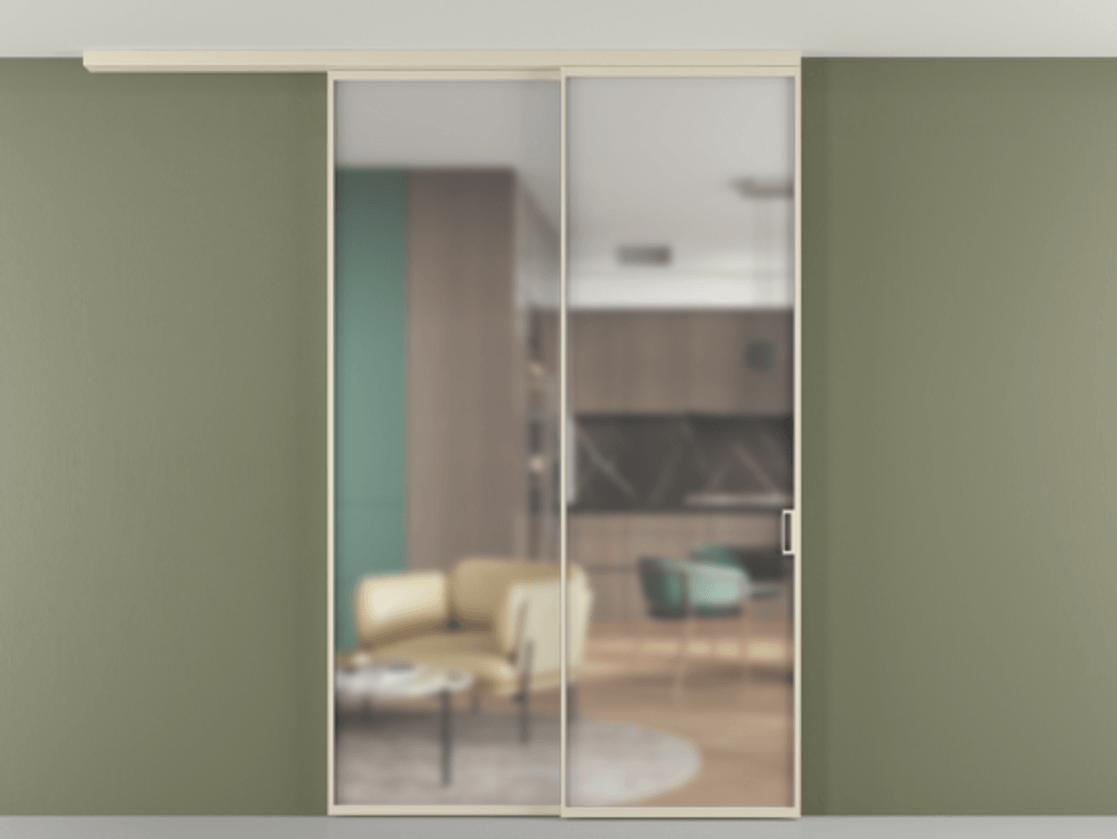 Перегородка Formato вдоль стены на потолок 2 створки с синхронным механизмом АЛПР 040.01 Алюминий бежево-серый Сатинированное стекло "Matelux Crystal Vision", калёное, матовое, каленое 6 мм Цена 315140 ₽ | Volhovec