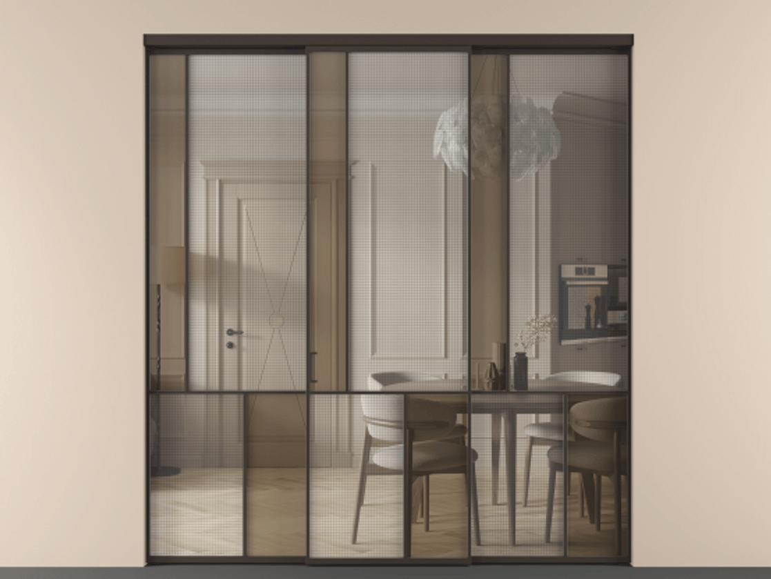 Перегородка Mosaic внутри проёма 3 створки АЛПР 041.20 Алюминий антрацит Декоративное стекло с сеткой "Mesh silver", триплекс, 6 мм + Прозрачное бронзовое стекло, триплекс Цена 359390 ₽ | Volhovec