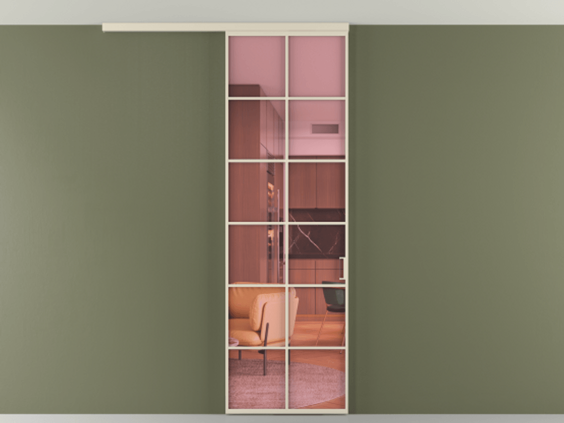 Межкомнатная дверь New Перегородка Formato вдоль стены на потолок одностворчатая АЛПР 040.05 Алюминий бежево-серый Прозрачное розовое стекло, триплекс Цена 107852  | Volhovec