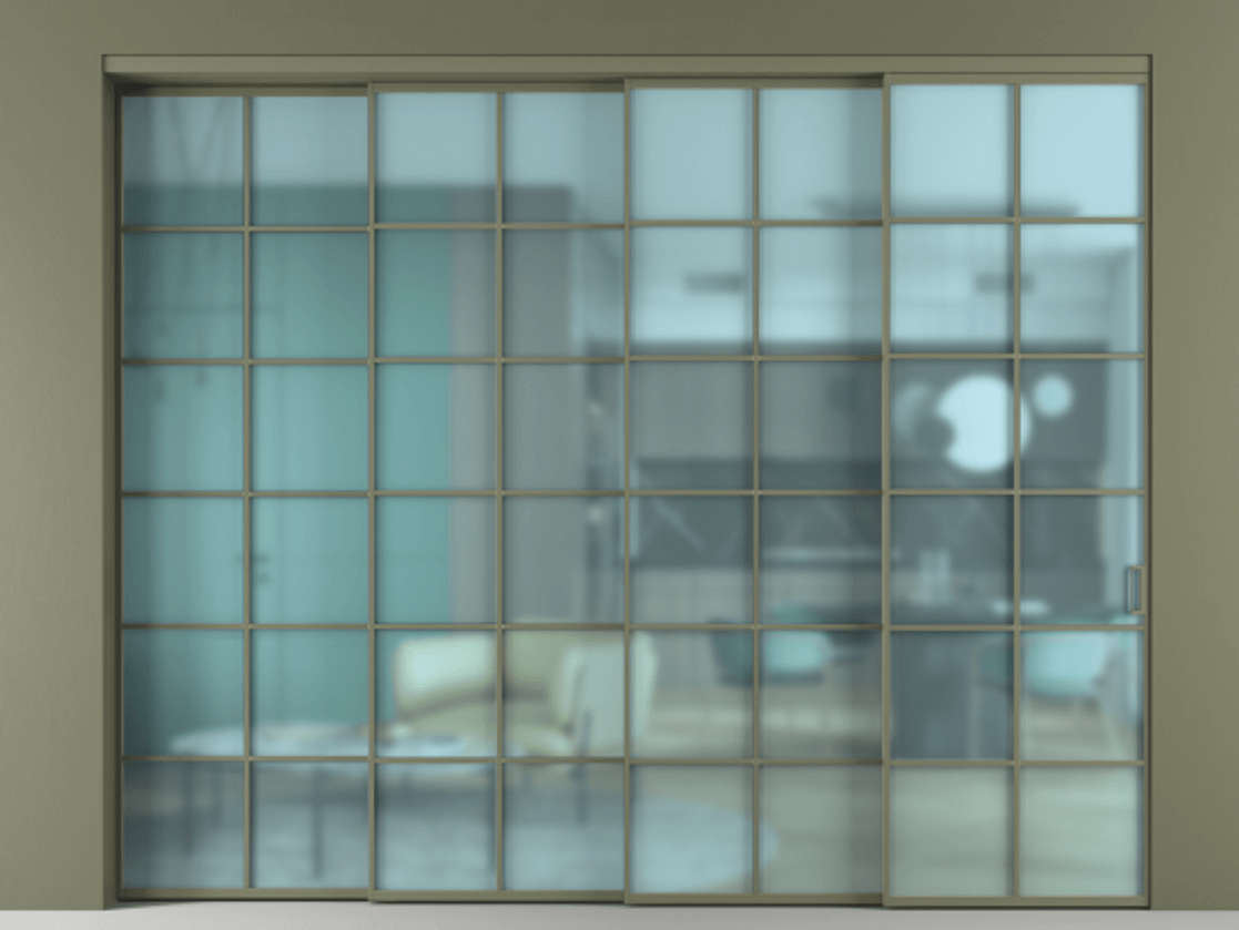 Перегородка Formato внутри проёма 4 створки с синхронным механизмом АЛПР 040.05 Алюминий оливковый тёмный Сатинированное голубое стекло, триплекс Цена 488680 ₽ | Volhovec