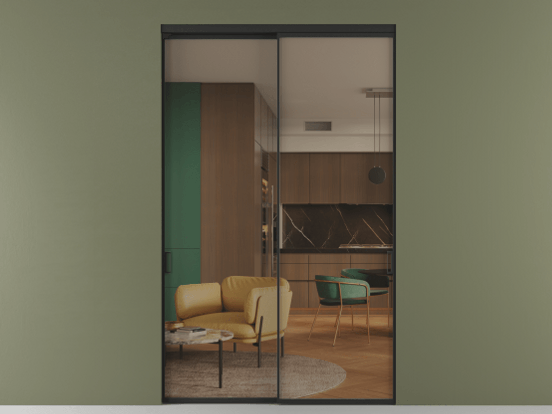 Перегородка Formato внутри проёма 2 створки АЛПР 040.01 Алюминий Черный Прозрачное бронзовое стекло, триплекс Цена 403280 ₽  | Volhovec