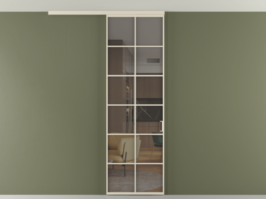 Перегородка Формато вдоль стены на потолок 1 створка АЛПР 040.05 Алюминий бежево-серый Прозрачное серое стекло, триплекс Цена 107852 ₽ | Volhovec