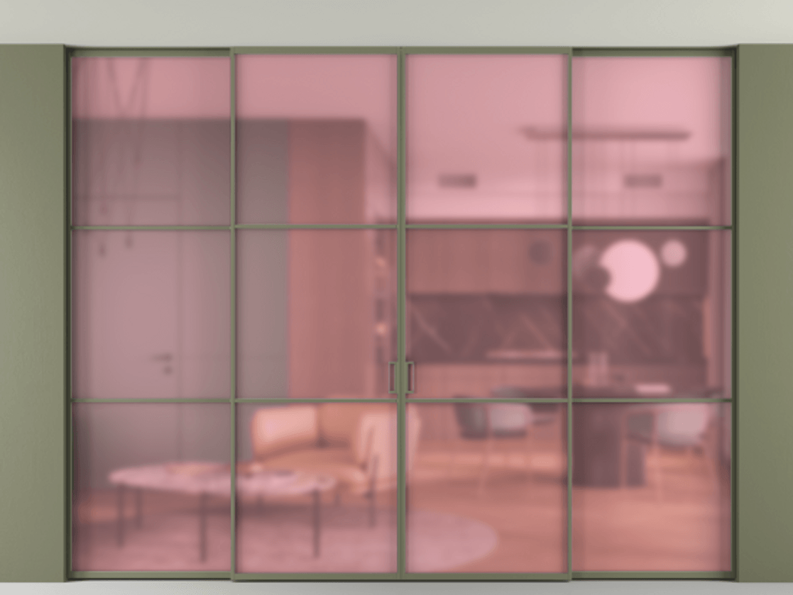 Перегородка Formato внутри проёма четырёхстворчатая со скрытым креплением в потолок АЛПР 040.03 Алюминий оливковый тёмный Сатинированное розовое стекло, триплекс Цена 457052 ₽ | Volhovec