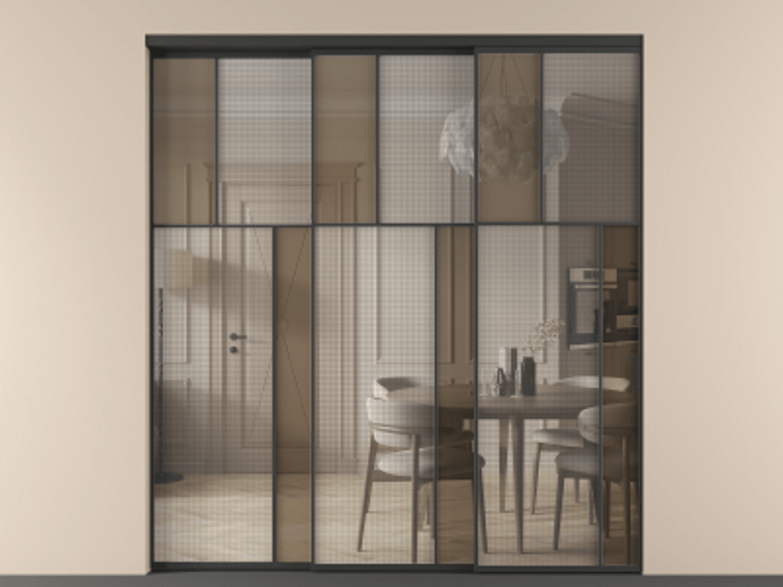 Перегородка Mosaic внутри проёма 3 створки с синхронным механизмом АЛПР 041.23 Алюминий Черный Декоративное стекло с сеткой "Mesh silver", триплекс, 6 мм + Прозрачное бронзовое стекло, триплекс Цена 435070 ₽ | Volhovec