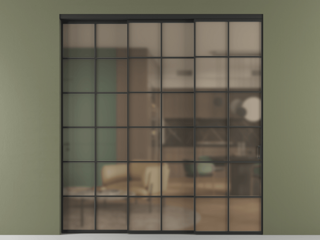 Перегородка Формато внутри проёма 3 створки с синхронным механизмом АЛПР 040.05 Алюминий Черный Сатинированное бронзовое стекло, триплекс Цена 346360 ₽  | Volhovec