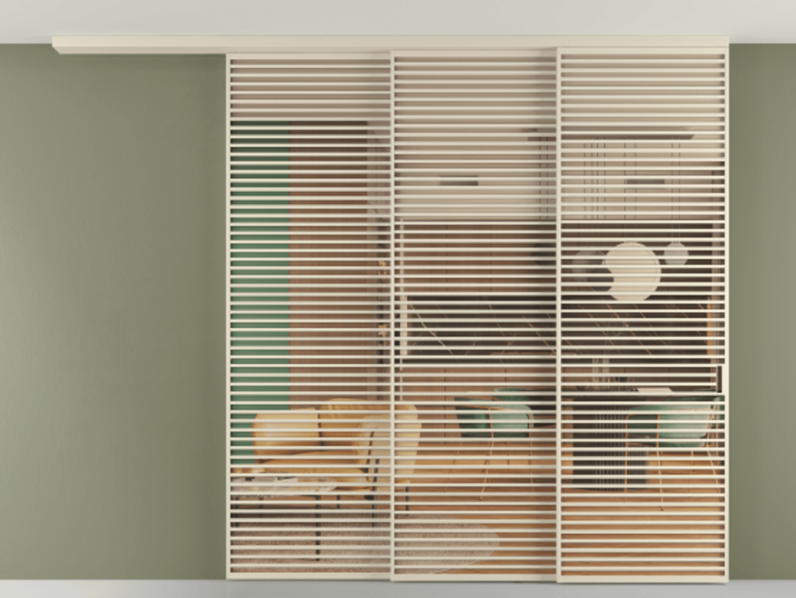 Перегородка Formato вдоль стены на потолок 3 створки с синхронным механизмом АЛПР 040.07 Алюминий бежево-серый Прозрачное оранжевое стекло, триплекс Цена 655084 ₽ | Volhovec