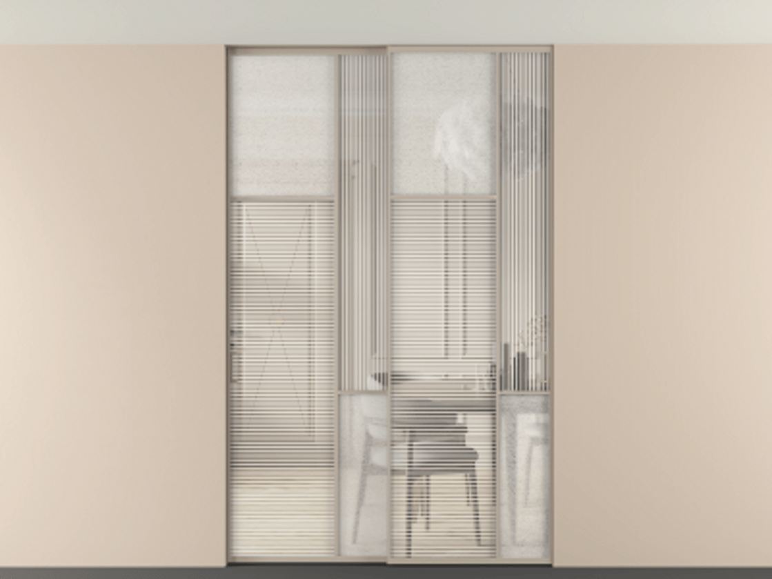 Перегородка Mosaic внутри проёма двустворчатая со скрытым креплением в потолок АЛПР 041.10 Алюминий бисквитный Рифлёное стекло "Дюна", триплекс, 6 мм + Фактурное стекло "Лёд", триплекс, 6 мм.  Цена 322020 ₽ . Фабрика дверей Волховец 8 (800) 551 43 19  Перегородка Mosaic внутри проёма двустворчатая со скрытым креплением в потолок АЛПР 041.10 Алюминий бисквитный Рифлёное стекло "Дюна", триплекс, 6 мм + Фактурное стекло "Лёд", триплекс, 6 мм Цена 322020 ₽ | Volhovec