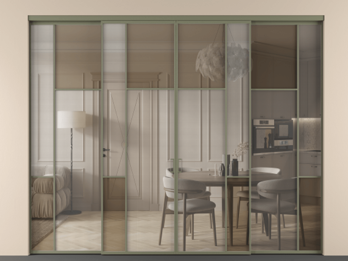 Перегородка Mosaic внутри проёма четырёхстворчатая АЛПР 041.10 Алюминий оливковый тёмный Декоративное стекло с сеткой "Mesh silver", триплекс, 6 мм + Прозрачное бронзовое стекло, триплекс. Цена 458580 ₽ . Фабрика дверей Волховец 8 (800) 551 43 19 Перегородка Mosaic внутри проёма четырёхстворчатая АЛПР 041.10 Алюминий оливковый тёмный Декоративное стекло с сеткой "Mesh silver", триплекс, 6 мм + Прозрачное бронзовое стекло, триплекс Цена 458580 ₽ | Volhovec