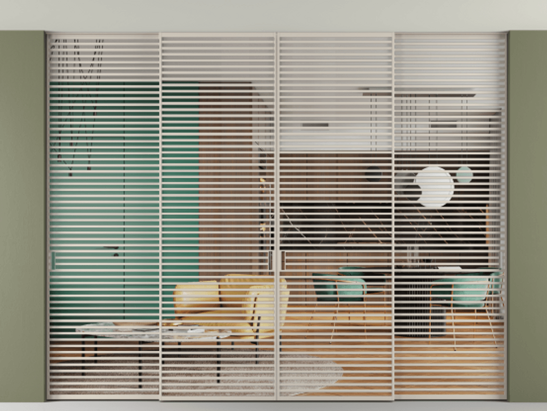 Перегородка Formato внутри проёма четырёхстворчатая со скрытым креплением в потолок АЛПР 040.07 Алюминий светло-бежевый Прозрачное стекло "Crystal Vision", калёное, 6 мм Цена 931680 ₽ | Volhovec