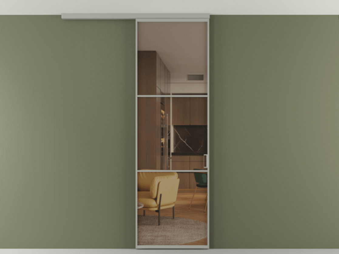 Перегородка Формато вдоль стены на потолок 1 створка АЛПР 040.03 Алюминий нейтральный серый Прозрачное бронзовое стекло, триплекс Цена 117510 ₽ | Volhovec