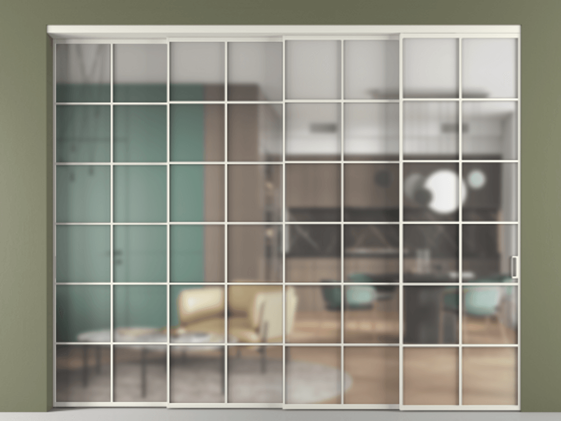 Перегородка Формато внутри проёма 4 створки с синхронным механизмом АЛПР 040.05 Алюминий Белый Сатинированное стекло "Мателюкс Кристал Вижн", калёное, матовое, каленое 6 мм Цена 560900 ₽ | Volhovec