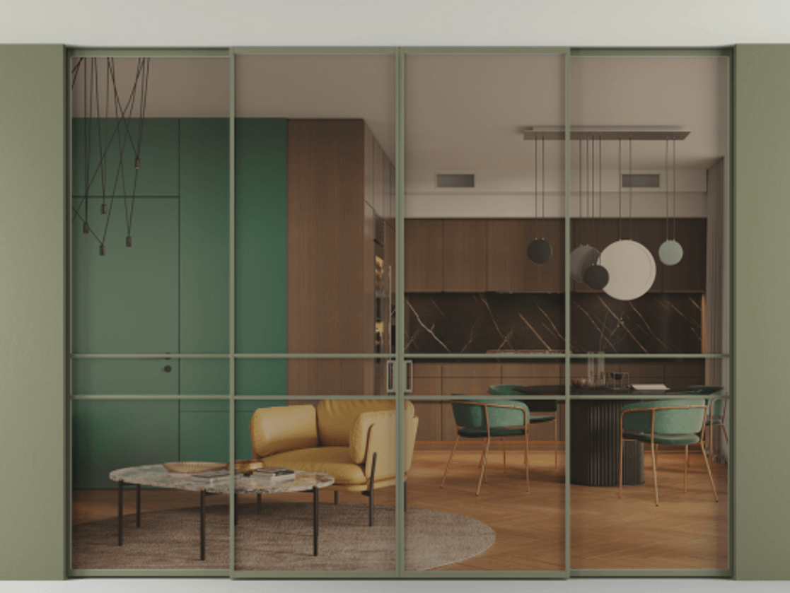 Перегородка Formato внутри проёма четырёхстворчатая со скрытым креплением в потолок АЛПР 040.02 Алюминий оливковый тёмный Прозрачное бронзовое стекло, триплекс, 6 мм.  Цена 430816 ₽ 1. Полотно 4 шт. (800/2100 мм)
 2. Комплект установки раздвижной системы
 3. Базовый комплект фурнитуры
4.Ручка RONDO. Фабрика дверей Волховец 8 (800) 551 43 19  Перегородка Formato внутри проёма четырёхстворчатая со скрытым креплением в потолок АЛПР 040.02 Алюминий оливковый тёмный Прозрачное бронзовое стекло, триплекс, 6 мм Цена 430816 ₽ | Volhovec