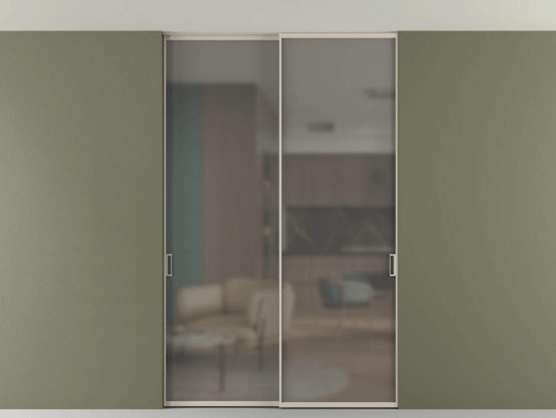 Перегородка Формато внутри проёма скрытое крепление в потолок 2 створки АЛПР 040.01 Алюминий светло-бежевый Сатинированное серое стекло, триплекс Цена 277640 ₽ | Volhovec