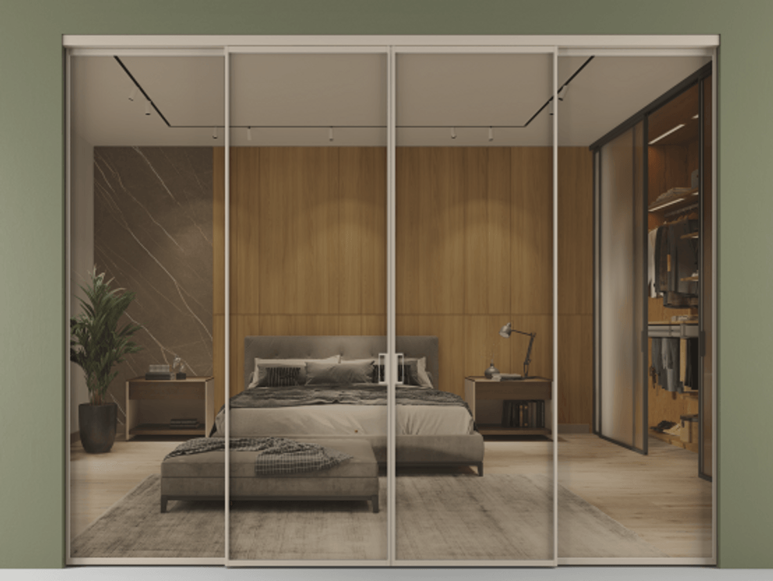 Перегородка Формато внутри проёма 4 створки АЛПР 040.01 Алюминий бисквитный Рефлективное бронзовое стекло "Стопсол", калёное Цена 345440 ₽  | Volhovec