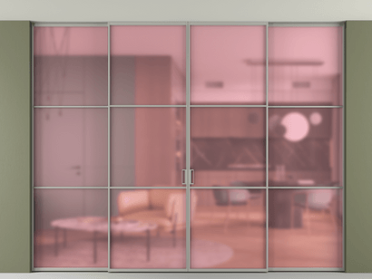 Алюминевая перегородка АЛПР 040.03_АНСР_САТ РОЗ_new. Цвет Алюминий нейтральный серый. Материал Алюминий в эмали. Коллекция Перегородка Formato внутри проёма четырёхстворчатая со скрытым креплением в потолок. Картинка.