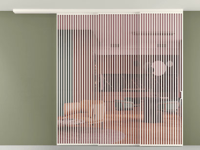 Алюминевая перегородка pv3_06_ Алюминий пудровый белый Прозрачное розовое стекло, триплекс, 6мм. Цвет Алюминий пудровый белый. Материал Алюминий в эмали. Коллекция Перегородка Formato вдоль стены на потолок телескопик синхро 3. Картинка.