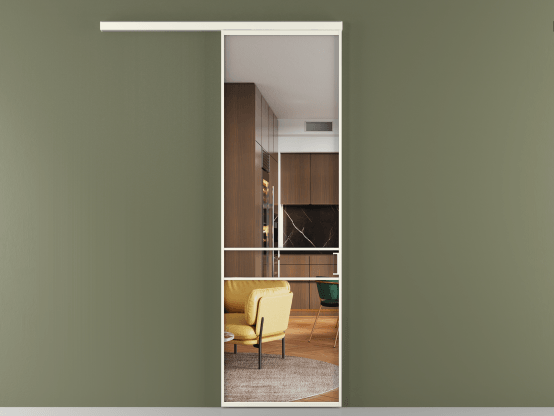 Алюминевая перегородка АЛПР 040.02_АЖМ_Crystalvision_new. Цвет Алюминий жемчужный. Материал Алюминий в эмали. Коллекция Перегородка Формато вдоль стены 1 створка. Картинка.