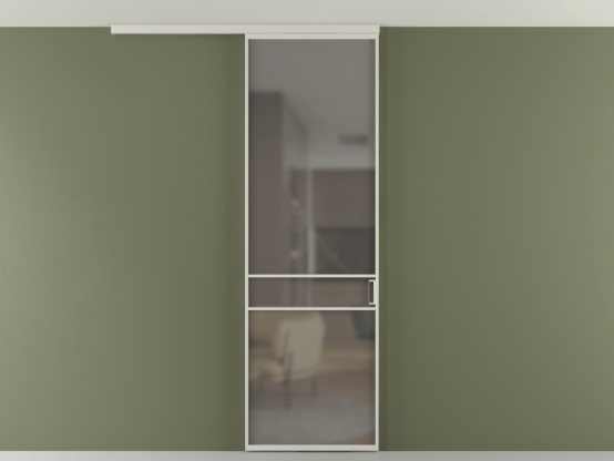 Алюминевая перегородка vd1_02 Алюминий тёплый серый Серый сатин матовое. Цвет Алюминий тёплый серый. Материал Алюминий в эмали. Коллекция Перегородка Формато вдоль стены на потолок 1 створка. Картинка.