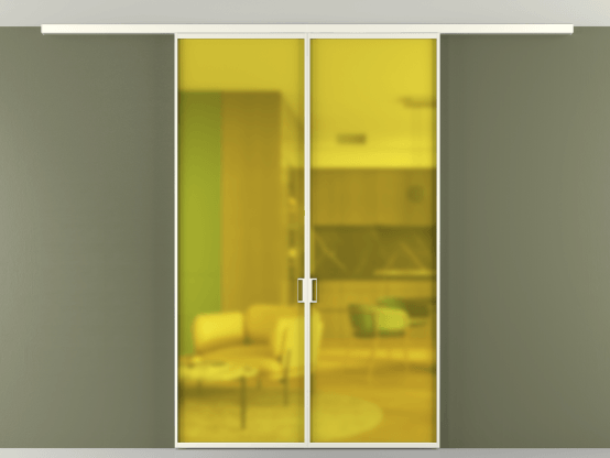 Алюминевая перегородка АЛПР 040.01_АЖМ_САТ ЖЕЛ_new. Цвет Алюминий жемчужный. Материал Алюминий в эмали. Коллекция Перегородка Formato вдоль стены на потолок 2 створки. Картинка.