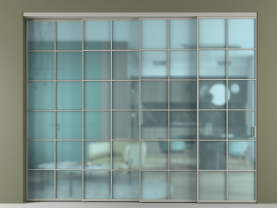 Алюминевая перегородка АЛПР 040.05_АНСР_САТ ГОЛ_new. Цвет Алюминий нейтральный серый. Материал Алюминий в эмали. Коллекция Перегородка Formato внутри проёма 4 створки с синхронным механизмом. Картинка.