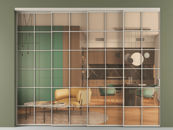 Алюминевая перегородка АЛПР 040.05_АСБЖ_ПРОЗ ОРАНЖ_new. Цвет Алюминий светло-бежевый. Материал Алюминий в эмали. Коллекция Перегородка Formato внутри проёма 4 створки с синхронным механизмом. Картинка.