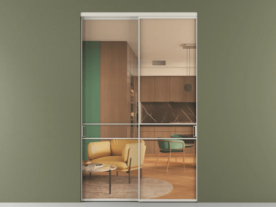 Алюминевая перегородка АЛПР 040.02_АОС_ПРОЗ ОРАНЖ_new. Цвет Алюминий облачно-серый. Материал Алюминий в эмали. Коллекция Перегородка Formato внутри проёма 2 створки. Картинка.