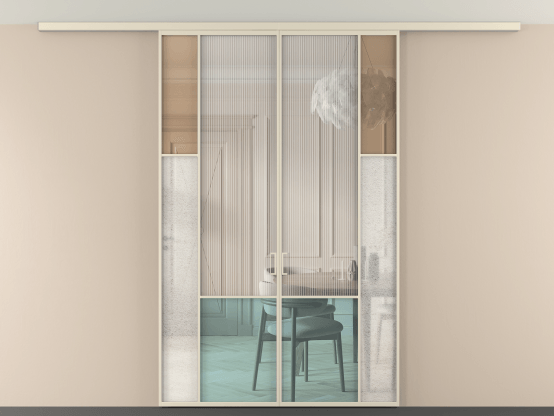 Алюминевая перегородка vdp2_6 Алюминий бежево-серый Четыре стекла. Цвет Алюминий бежево-серый. Материал Алюминий в эмали. Коллекция Перегородка Mosaic вдоль стены на потолок 2 створки. Картинка.