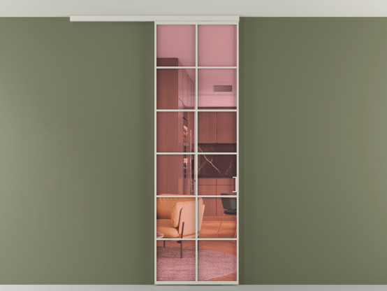 Алюминевая перегородка vd1_05 Алюминий тёплый серый Прозрачное розовое стекло, триплекс, 6мм. Цвет Алюминий тёплый серый. Материал Алюминий в эмали. Коллекция Перегородка Formato вдоль стены на потолок 1 створка. Картинка.