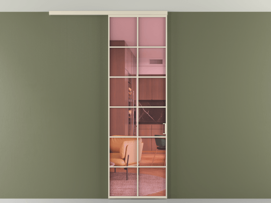 Алюминевая перегородка vd1_05 Алюминий бежево-серый Прозрачное розовое стекло, триплекс, 6мм. Цвет Алюминий бежево-серый. Материал Алюминий в эмали. Коллекция Перегородка Formato вдоль стены на потолок 1 створка. Картинка.