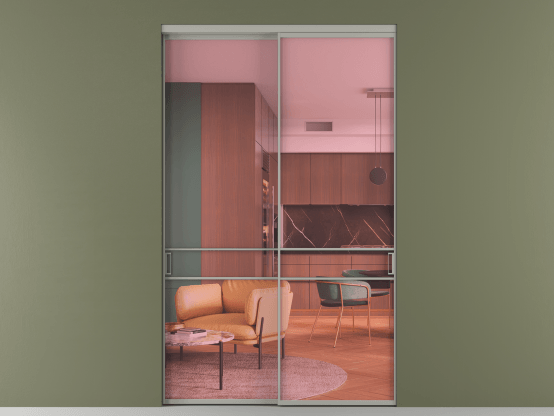 Алюминевая перегородка АЛПР 040.02_АНСР_ПРОЗ РОЗ_new. Цвет Алюминий нейтральный серый. Материал Алюминий в эмали. Коллекция Перегородка Формато внутри проёма 2 створки. Картинка.