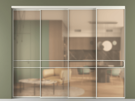 Алюминевая перегородка АЛПР 040.02_БЕЛ_САТ ОРАНЖ_new. Цвет Алюминий Белый. Материал Алюминий. Коллекция Перегородка Formato внутри проёма 4 створки с синхронным механизмом. Картинка.