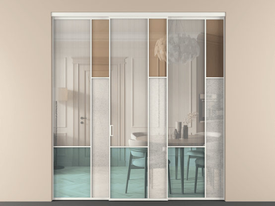 Алюминевая перегородка vn3_8 Алюминий светло-серый Четыре стекла. Цвет Алюминий светло-серый. Материал Алюминий в эмали. Коллекция Перегородка Mosaic внутри проёма 3 створки. Картинка.