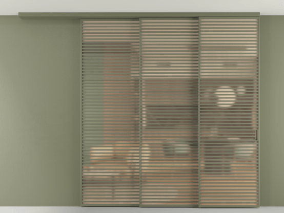 Алюминевая перегородка АЛПР 040.07_АОТ_САТ ОРАНЖ_new. Цвет Алюминий оливковый тёмный. Материал Алюминий в эмали. Коллекция Перегородка Formato вдоль стены на потолок 3 створки с синхронным механизмом. Картинка.