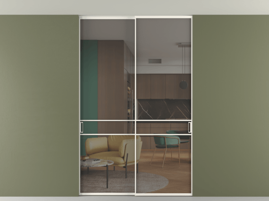 Алюминевая перегородка vn2_02 Алюминий пудровый белый Серый прозрачное. Цвет Алюминий пудровый белый. Материал Алюминий в эмали. Коллекция Перегородка Формато внутри проёма скрытое крепление в потолок 2 створки. Картинка.