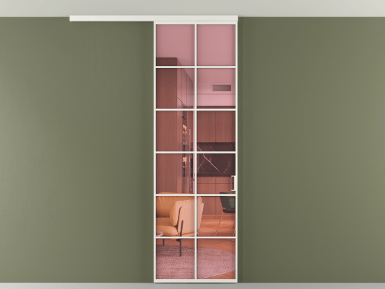 Алюминевая перегородка vd1_05 Алюминий светло-серый Прозрачное розовое стекло, триплекс, 6мм. Цвет Алюминий светло-серый. Материал Алюминий в эмали. Коллекция Перегородка Formato вдоль стены на потолок 1 створка. Картинка.