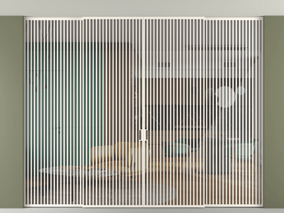 Алюминевая перегородка vn2+2_06 Алюминий пудровый белый Stopsol Clear. Цвет Алюминий пудровый белый. Материал Алюминий в эмали. Коллекция Перегородка Formato внутри проёма скрытое крепление в потолок 4 створки. Картинка.