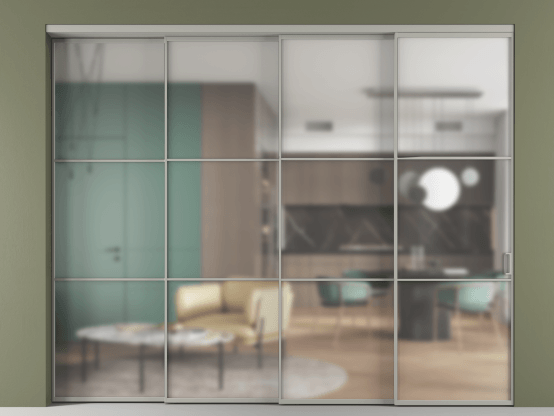 Алюминевая перегородка АЛПР 040.03_АНСР_Matelux Crystalvision_new. Цвет Алюминий нейтральный серый. Материал Алюминий в эмали. Коллекция Перегородка Формато внутри проёма 4 створки с синхронным механизмом. Картинка.