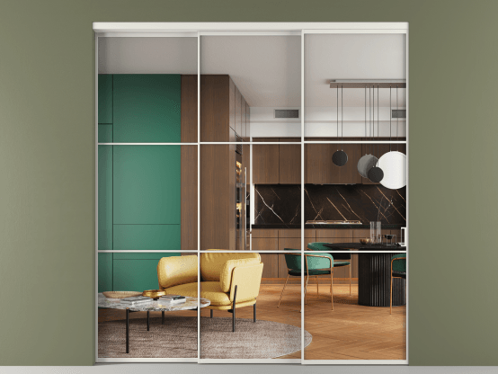 Алюминевая перегородка АЛПР 040.03_АСР_Crystalvision_new. Цвет Алюминий серый. Материал Алюминий в эмали. Коллекция Перегородка Formato внутри проёма 3 створки с синхронным механизмом. Картинка.