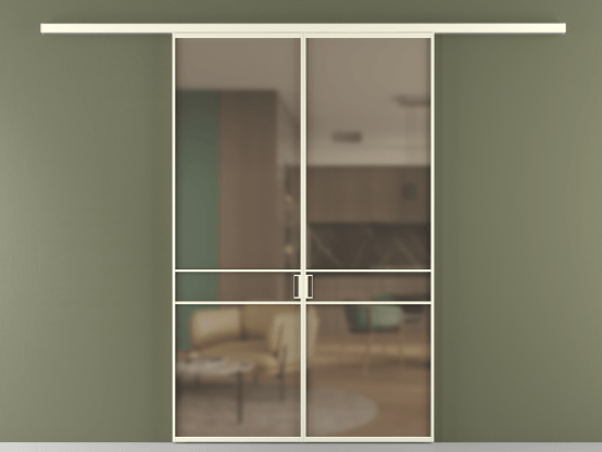 Алюминевая перегородка АЛПР 040.02_АМБ_Бронза сатин триплекс_new. Цвет Алюминий молочно-белый. Материал Алюминий в эмали. Коллекция Перегородка Формато вдоль стены 2 створки. Картинка.