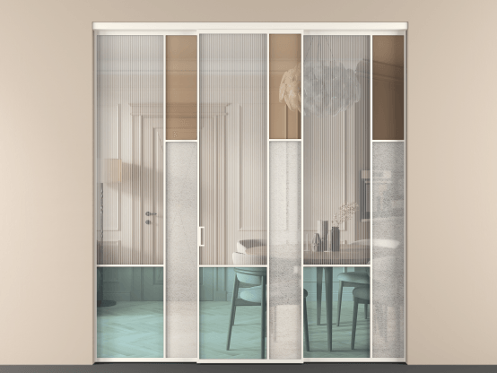 Алюминевая перегородка vn3_8 Алюминий пудровый белый Четыре стекла. Цвет Алюминий пудровый белый. Материал Алюминий в эмали. Коллекция Перегородка Mosaic внутри проёма 3 створки. Картинка.