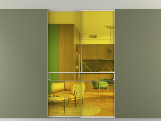 Алюминевая перегородка АЛПР 040.02_АОС_ПРОЗ ЖЕЛ_new. Цвет Алюминий облачно-серый. Материал Алюминий в эмали. Коллекция Перегородка Формато внутри проёма скрытое крепление в потолок 2 створки. Картинка.