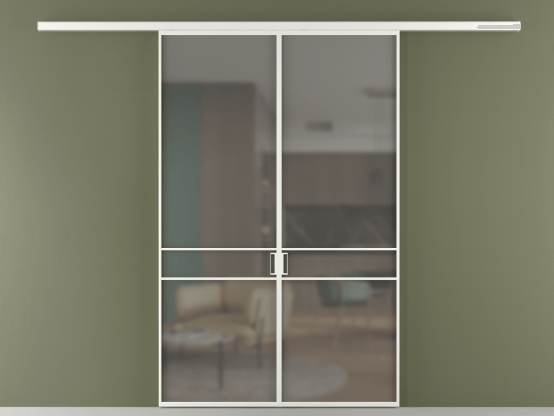 Алюминевая перегородка vd2_02_ Алюминий светло-серый Серый сатин матовое. Цвет Алюминий светло-серый. Материал Алюминий в эмали. Коллекция Перегородка Формато вдоль стены 2 створки. Картинка.