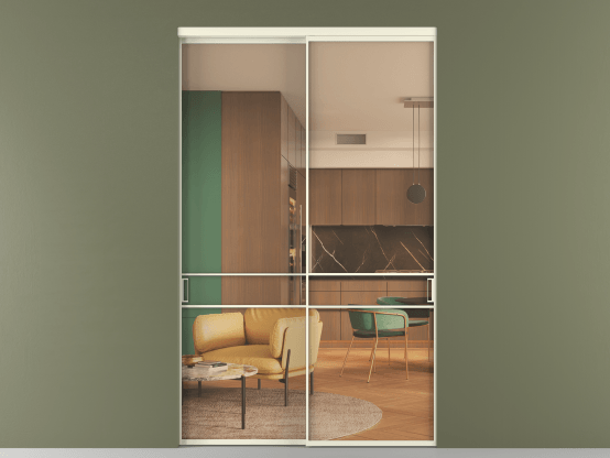 Алюминевая перегородка АЛПР 040.02_АМБ_ПРОЗ ОРАНЖ_new. Цвет Алюминий молочно-белый. Материал Алюминий в эмали. Коллекция Перегородка Formato внутри проёма 2 створки. Картинка.