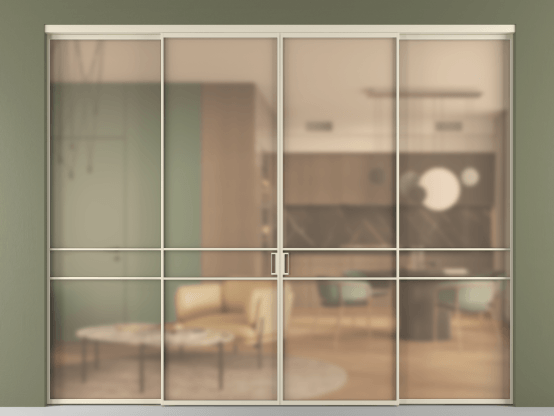 Алюминевая перегородка vn2+2_02_ Алюминий бежево-серый Сатинированное оранжевое стекло, триплекс, 6мм. Цвет Алюминий бежево-серый. Материал Алюминий в эмали. Коллекция Перегородка Formato внутри проёма 4 створки. Картинка.